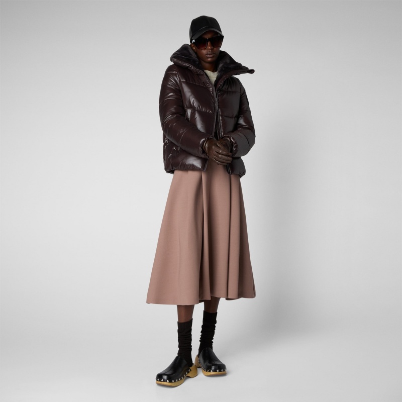 Save The Duck Moma Puffer Jacket with Faux Fur Lining Marrones Negras | UZROM6758