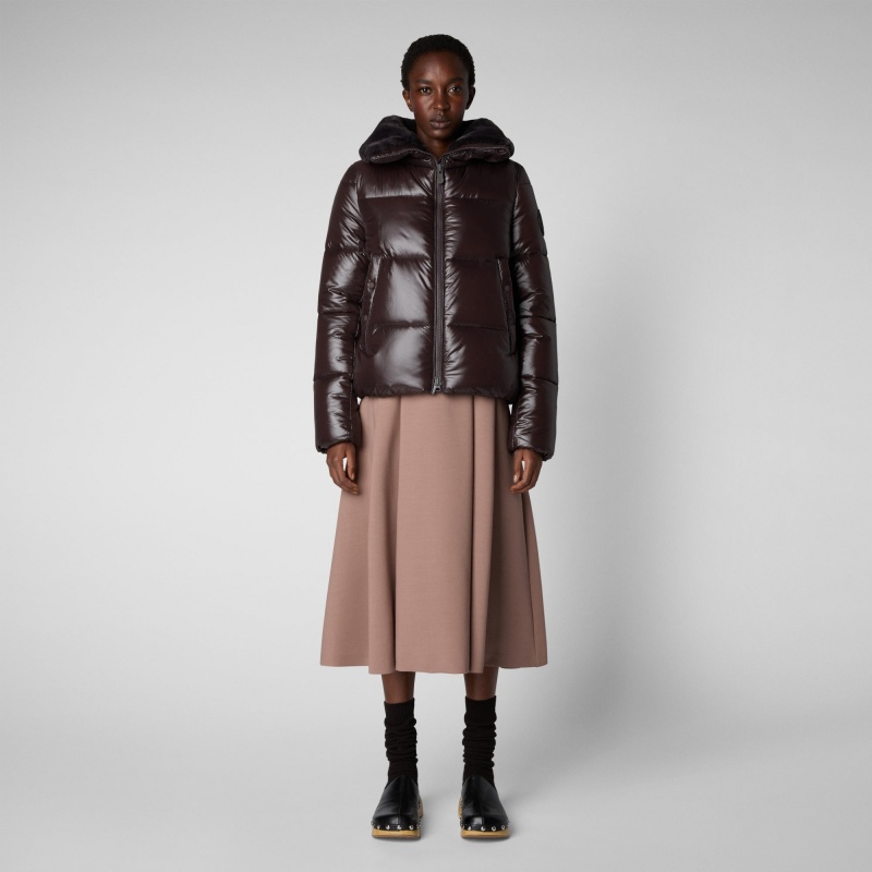 Save The Duck Moma Puffer Jacket with Faux Fur Lining Marrones Negras | UZROM6758
