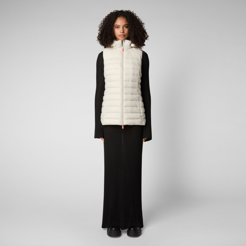 Save The Duck Norah Long Puffer Vest with Faux Fur Lining Beige | JKWBY6095