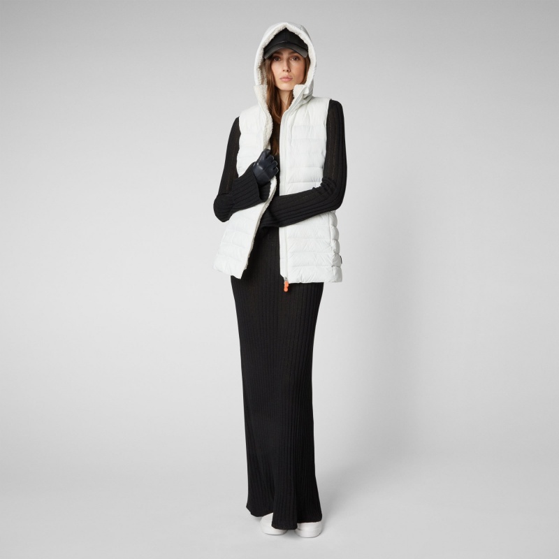 Save The Duck Norah Long Puffer Vest with Faux Fur Lining Blancas | KDZSN3826