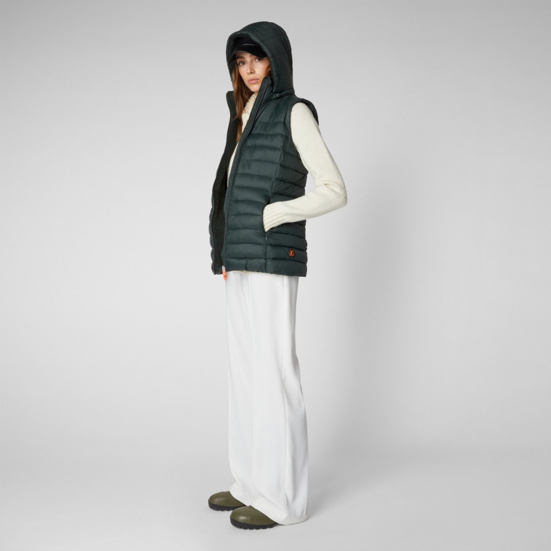 Save The Duck Norah Long Puffer Vest with Faux Fur Lining Verde Negras | KXIAQ1824