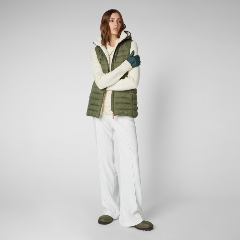 Save The Duck Norah Long Puffer Vest with Faux Fur Lining Verde | DEKNO9013