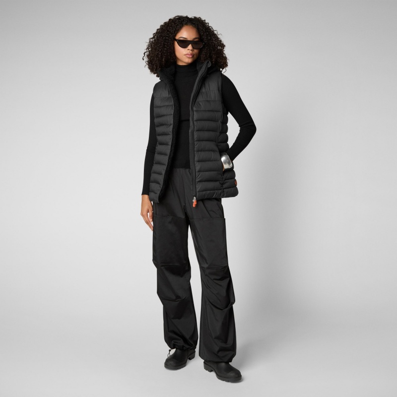 Save The Duck Norah Long Puffer Vest with Faux Fur Lining Negras | GIHFX3615