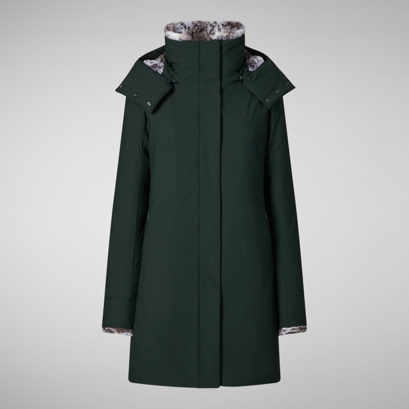 Save The Duck Samantah Encapuchado Parka with Faux Fur Lining Verde Negras | PDFWB1896