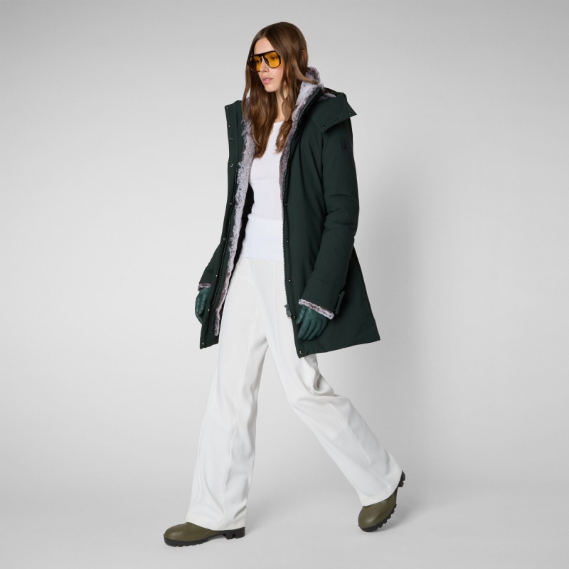 Save The Duck Samantah Encapuchado Parka with Faux Fur Lining Verde Negras | PDFWB1896