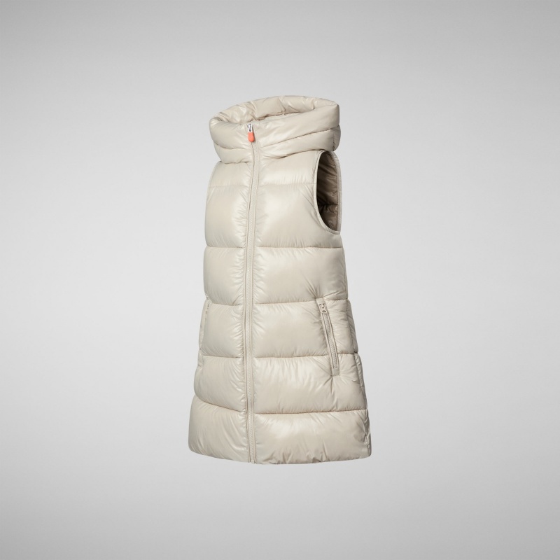 Save The Duck Uma Long Encapuchado Puffer Vest Beige | EXROT9386