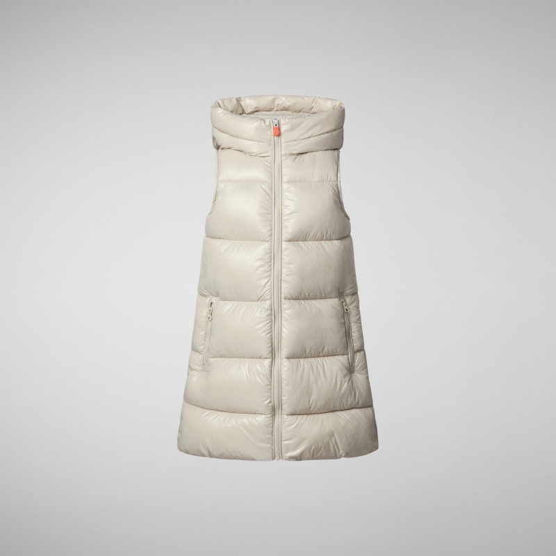 Save The Duck Uma Long Encapuchado Puffer Vest Beige | EXROT9386